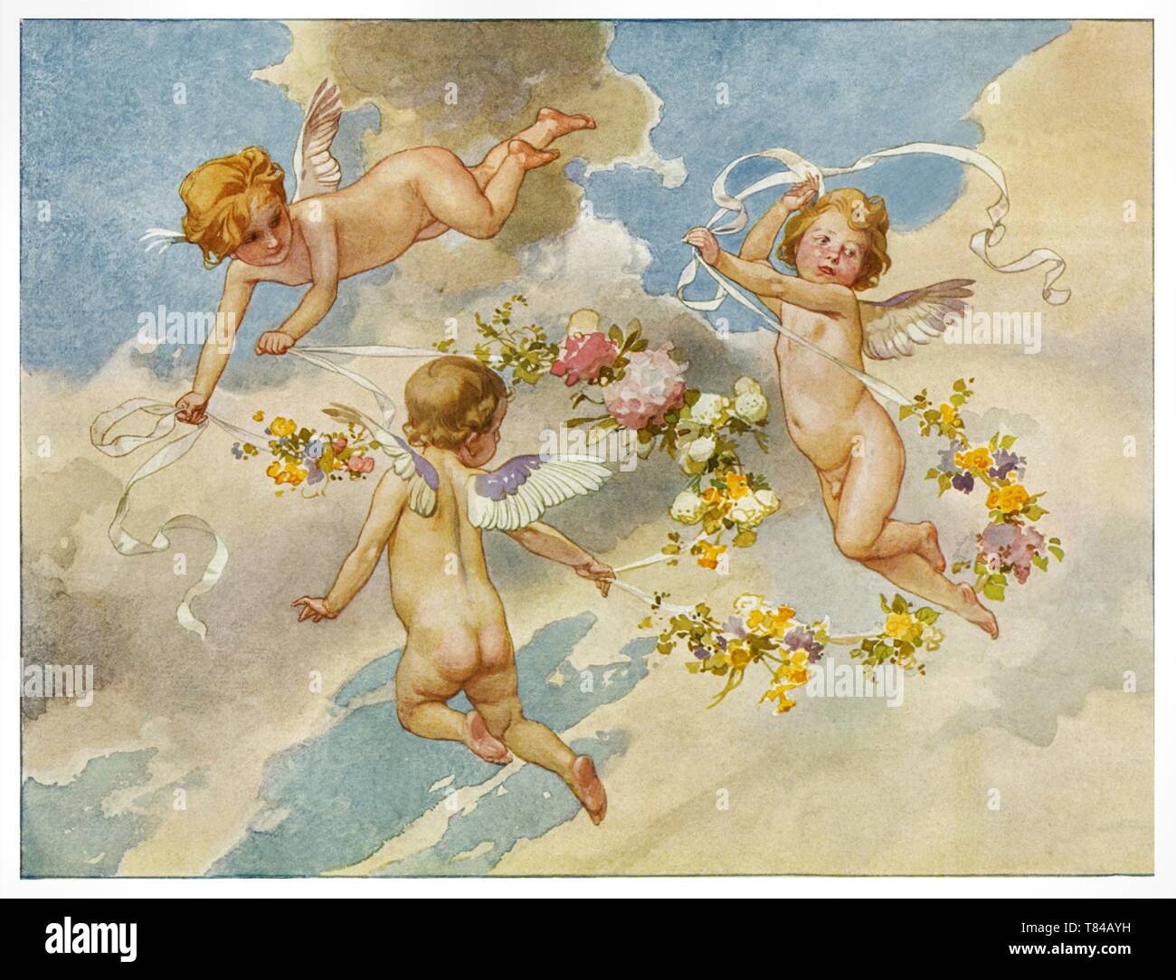 Pittura: amorini con motivi floreali - Vintage illustrazione di quadri  figurativi 1910 Foto stock - Alamy