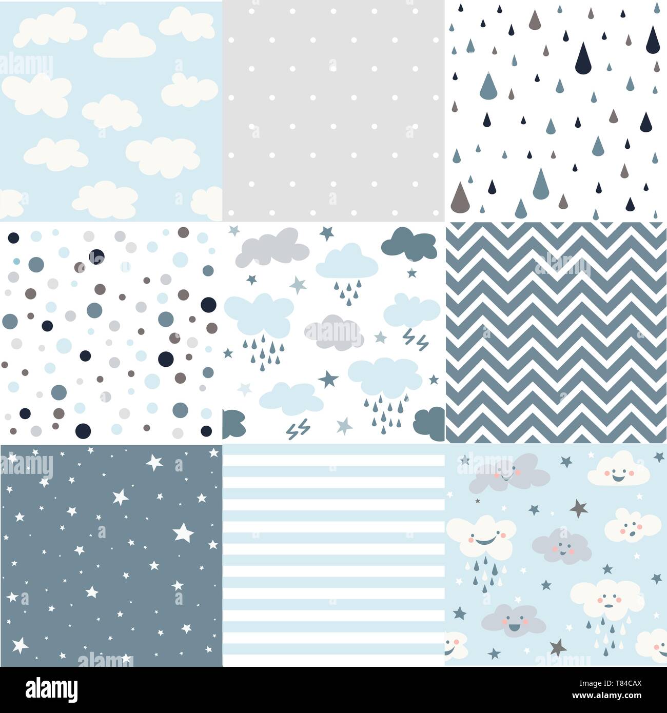 Set di vettore blu, carino seamless patterns per la progettazione meteo Illustrazione Vettoriale