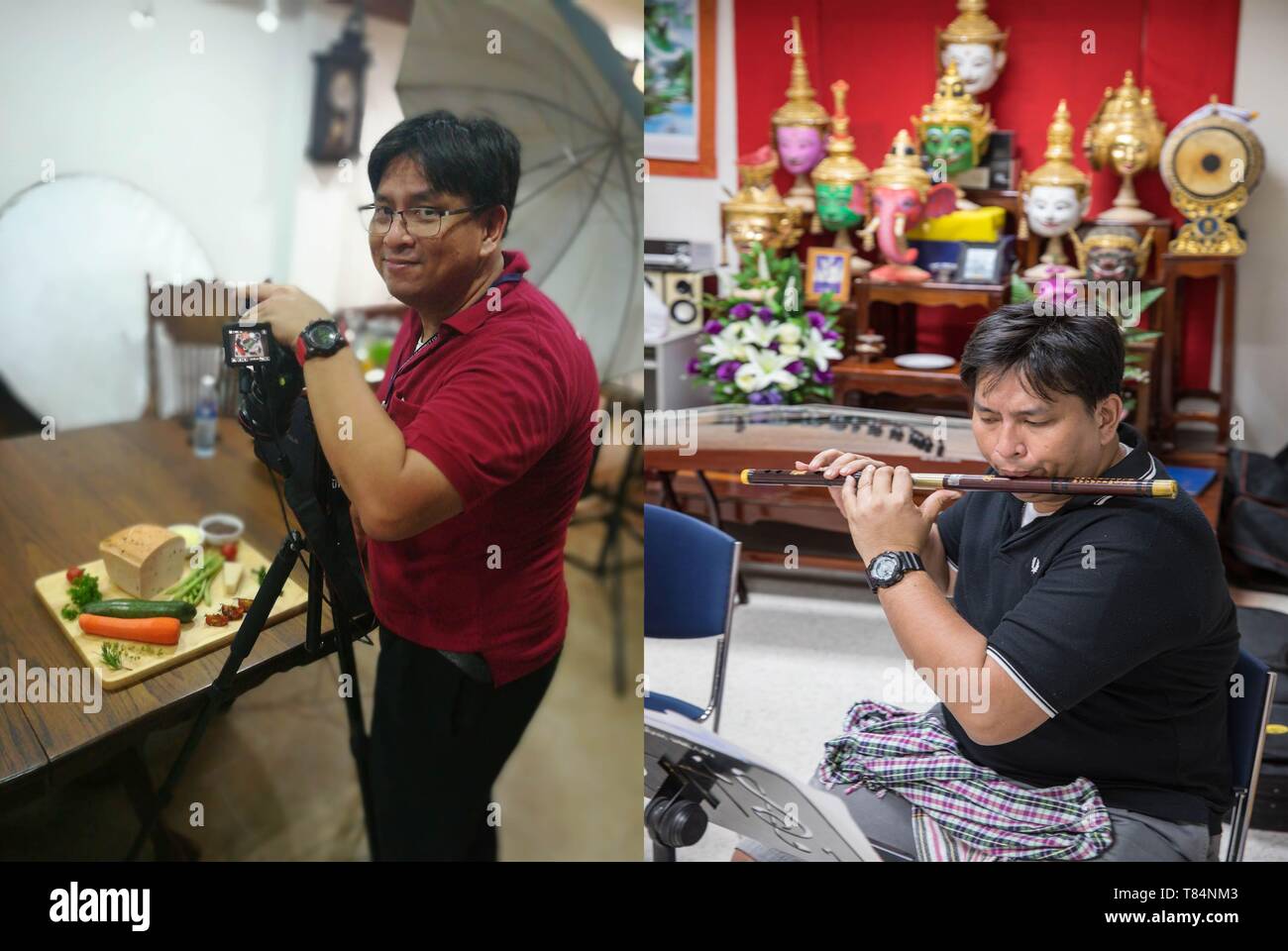 (190511) -- Bangkok, 11 maggio 2019 (Xinhua) -- combinati mostra fotografica di Arthit scattare foto di merci a Bangkok, Thailandia, il 30 agosto 2018 (L), e Arthit giocando Dizi, il flauto di bambù, con i suoi amici di 'Tianxian Band' in un aula in Huachiew Chalermprakiet University a Bangkok, Thailandia, 10 marzo 2019. Banda di Thai 'Tianxian", che letteralmente significa "stringhe celeste", si compone di diversi Thais che sono pazzi strumenti musicali Cinesi. Stranamente, però, nessuno di essi è in grado di parlare fluentemente cinese. Nella società tailandese in cui western strumenti musicali prendere dominante, un nastro dotato di semiscafi Foto Stock