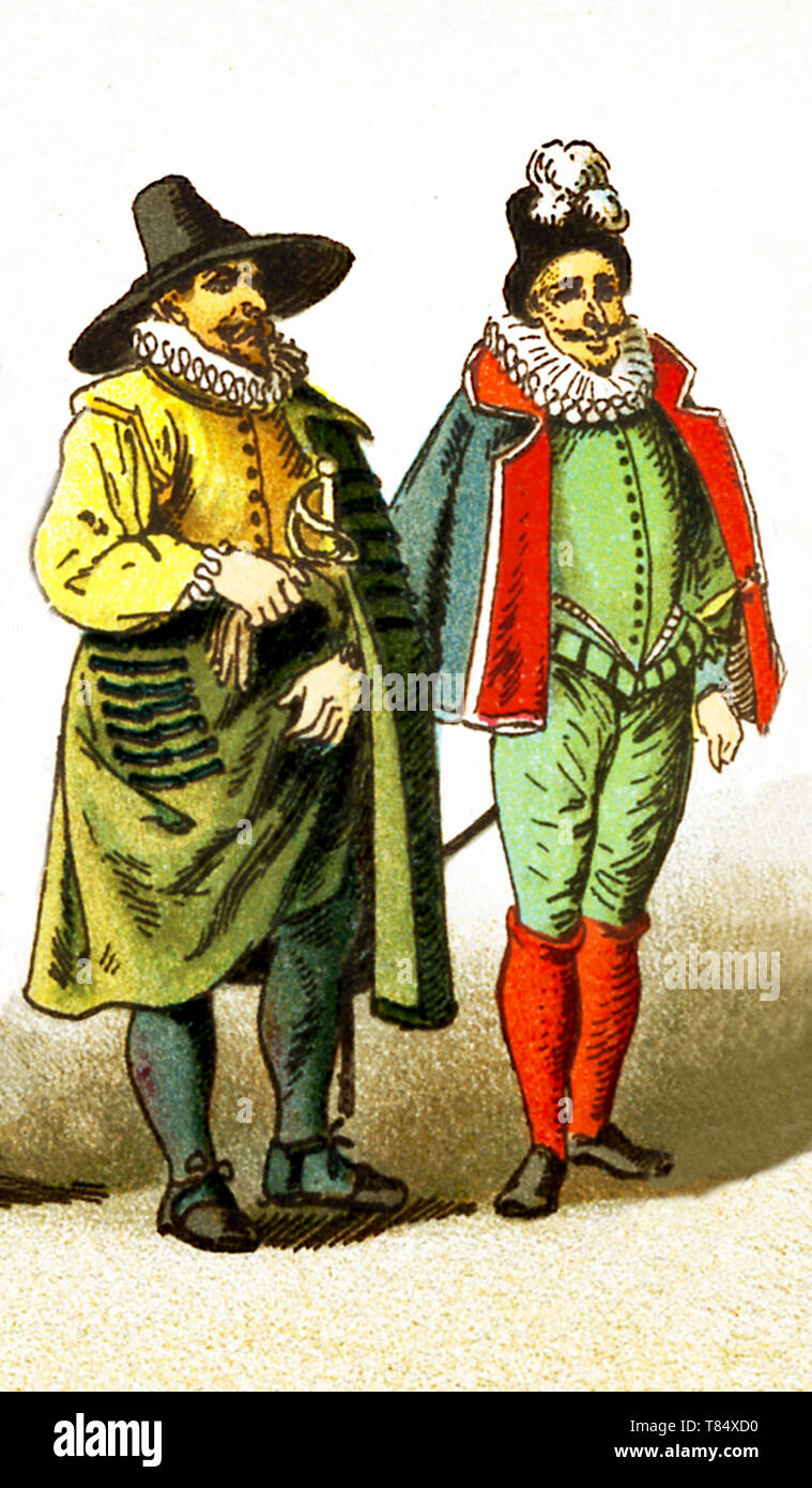 Le figure qui rappresentate sono il popolo francese tra il 1550 e il 1600. Essi sono, da sinistra a destra: un soldato e un uomo che indossa un costume di corte. L'illustrazione risale al 1882. Foto Stock