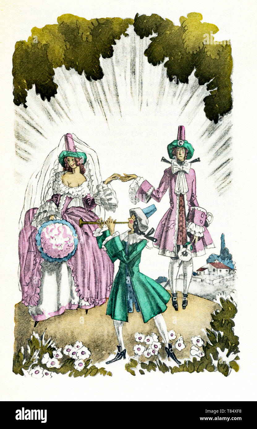 Lo scrittore francese Voltaire (1694-1778) scrisse la sua satira Candide, una buona cuore giovane ma uno è completamente ingenuo. Candide viaggia per il mondo e incontra molti incidenti. Il suo obiettivo è quello di trovare sicurezza e anche a vincere il suo amore Cunegonde, ma lei, troppo, non è così intelligente e che è disposto a tradire per ulteriormente la propria finalità. Candide del mentore è Pangloss, che gli insegna che questo mondo è il migliore dei mondi possibili ed è questa convinzione che è la destinazione del romanzo la satira. Questa illustrazione mostra Candide sposando Cunegonde. Foto Stock