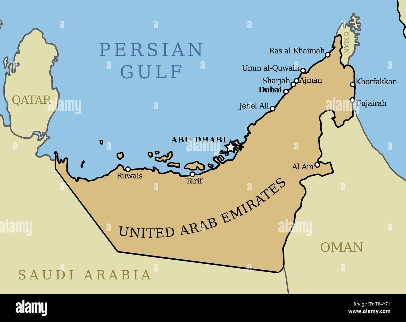 Emirati Arabi Uniti mappa. Vettore di contorno mappa del paese con le principali città. Illustrazione Vettoriale