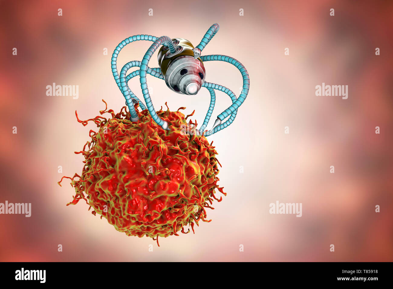 Nanorobots attaccando il cancro, illustrazione Foto Stock