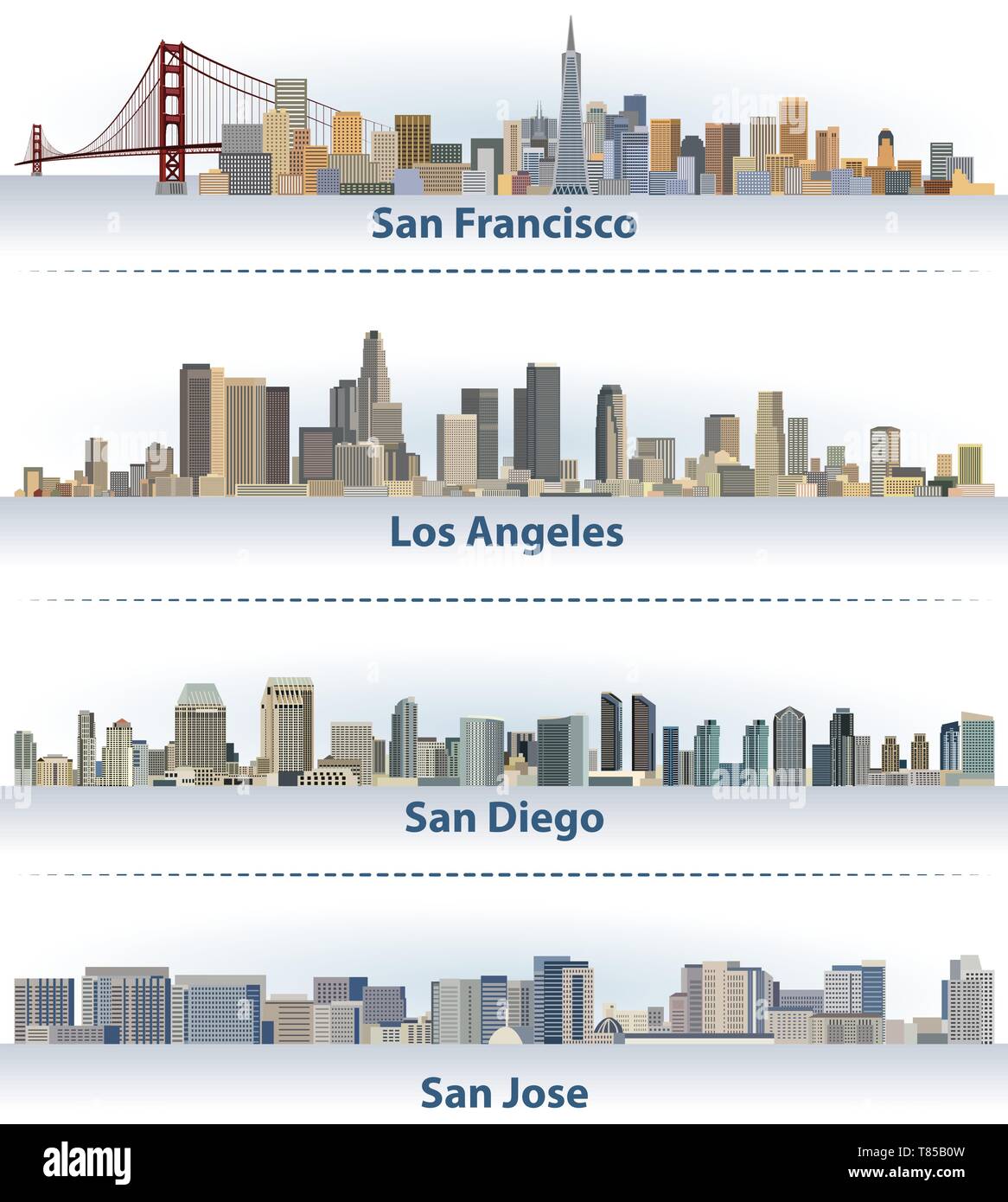 Vettore Collezione degli Stati Uniti dello skyline della citta': San Francisco, Los Angeles, San Diego e San Jose Illustrazione Vettoriale