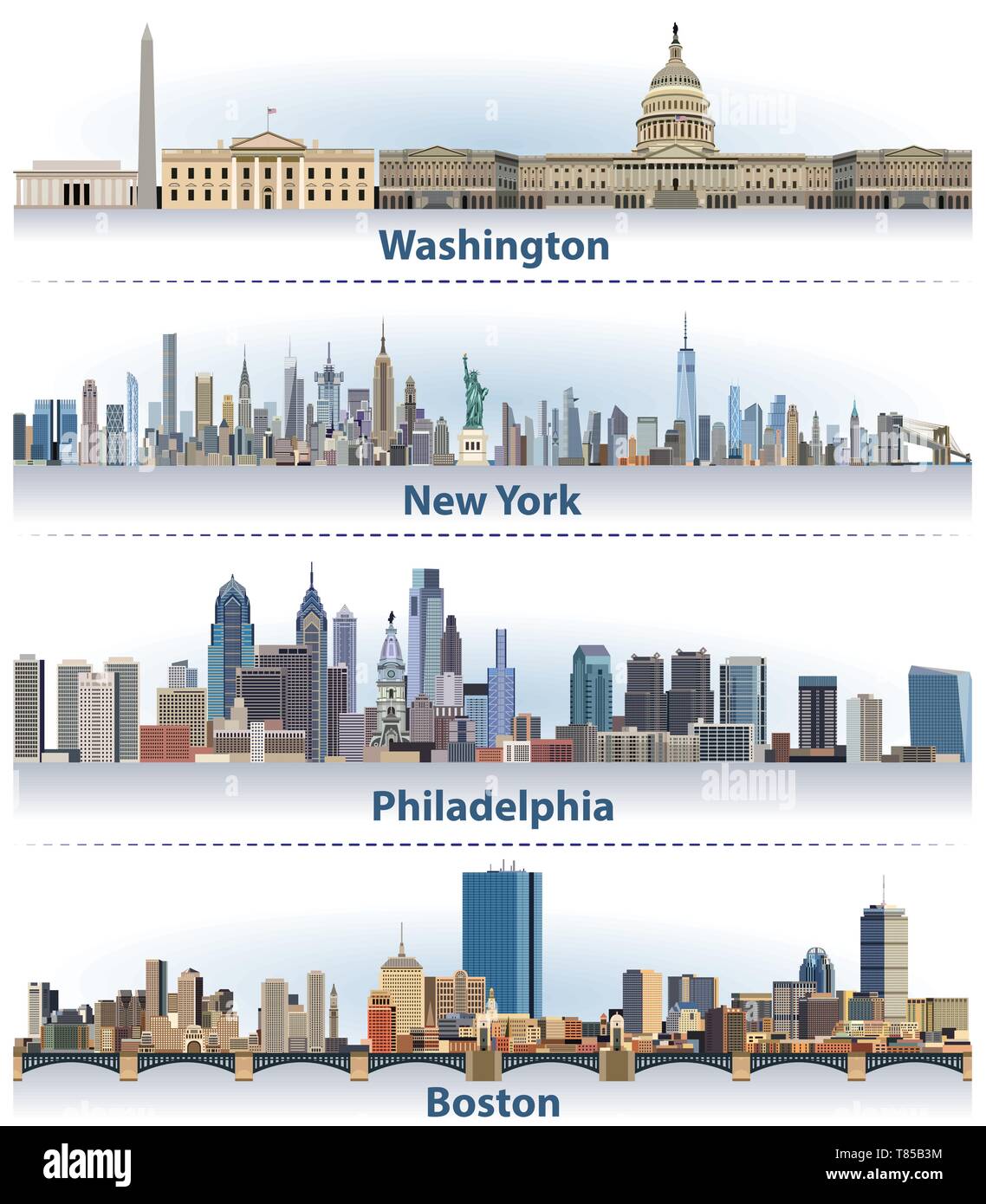 Washington, New York, Filadelfia e Boston città dall'alto Illustrazione Vettoriale