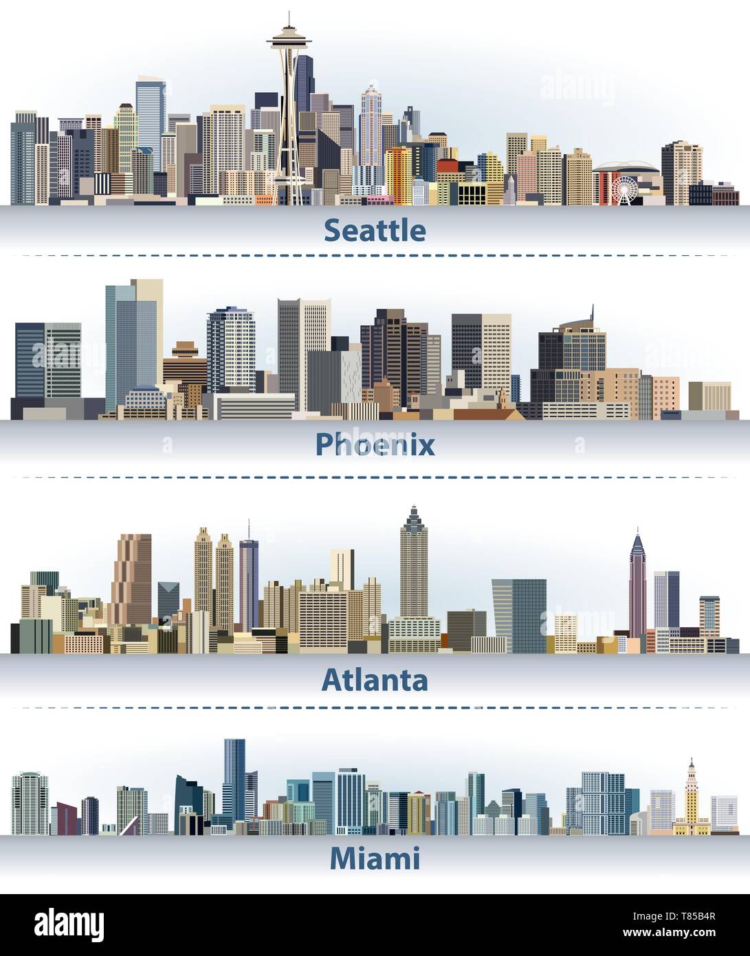 Seattle, Phoenix, Atlanta e vettore di Miami dall'alto Illustrazione Vettoriale