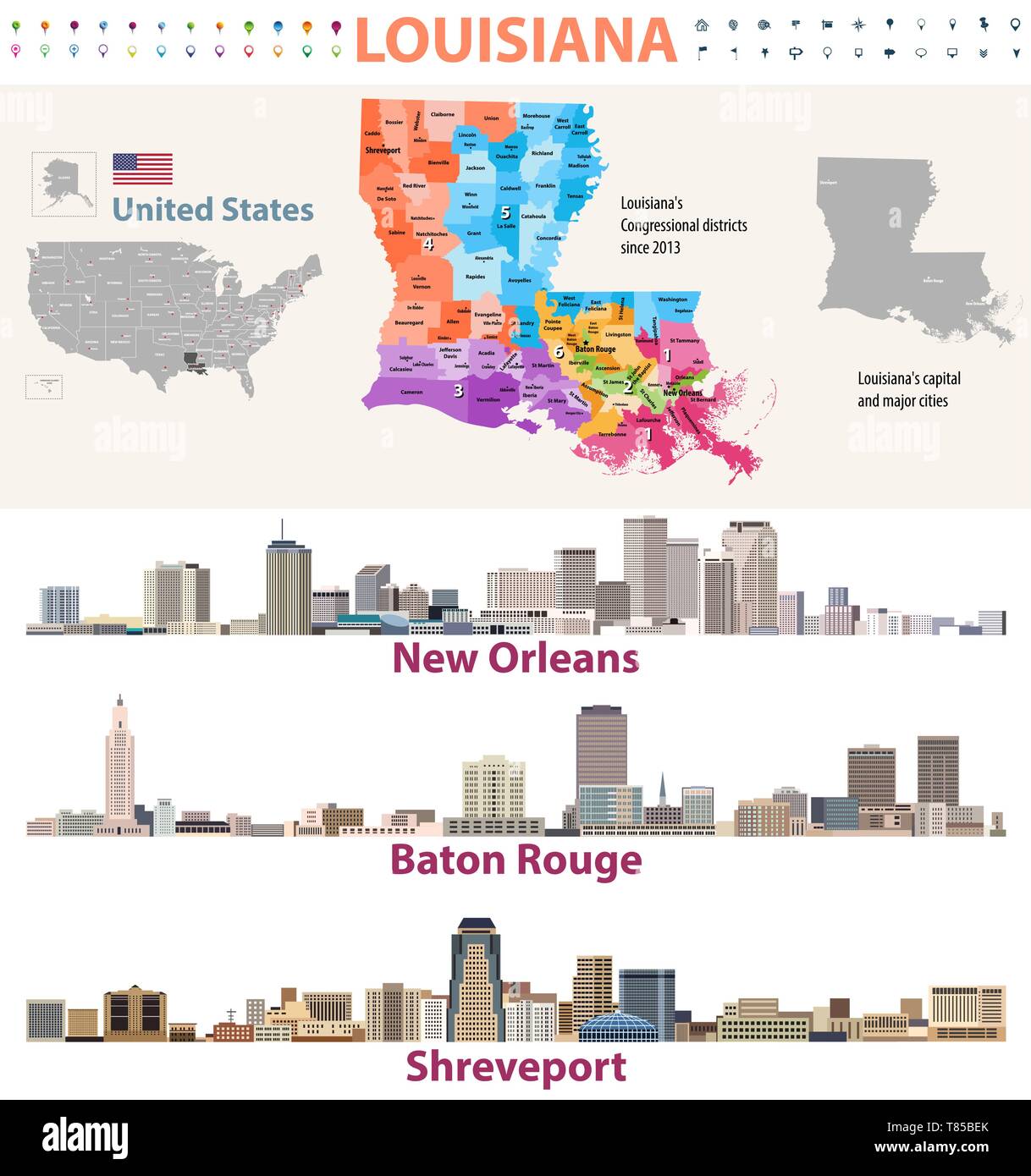 La Louisiana Congressional distrcits mappa vettoriale con le principali città dall'alto Illustrazione Vettoriale
