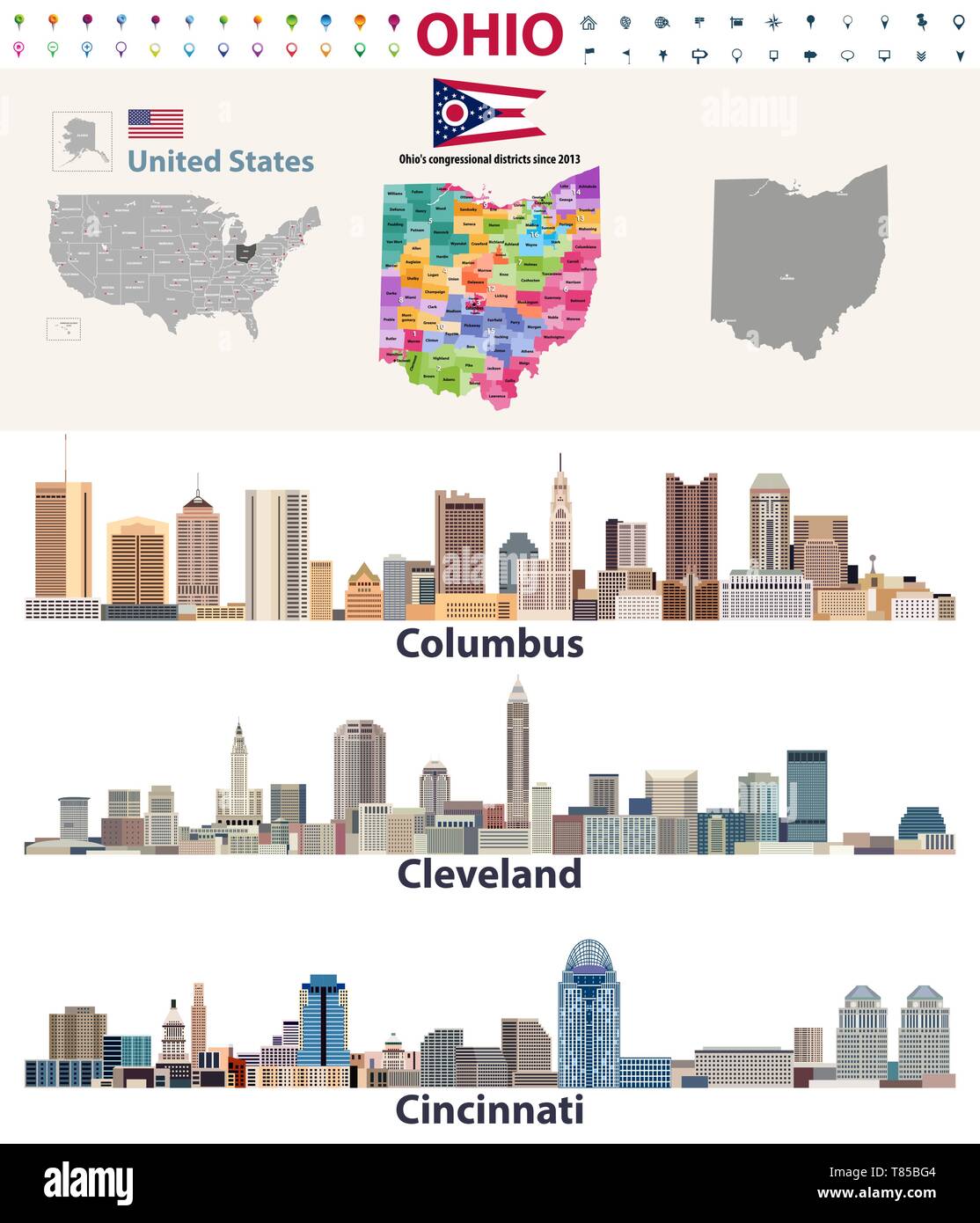 Mappa vettoriale e le principali città di Ohio State Illustrazione Vettoriale