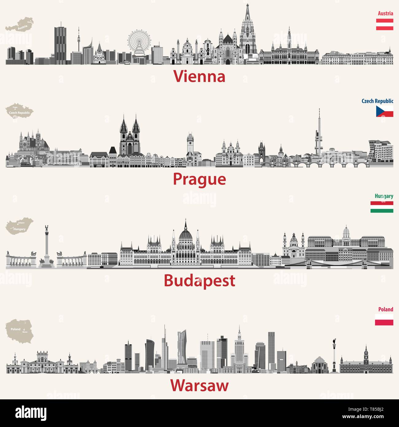 Il vettore dello skyline della citta' di Vienna, Praga, Budapest e Varsavia Illustrazione Vettoriale