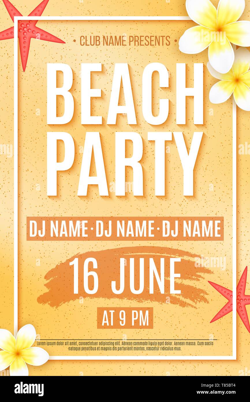 Poster per un party in spiaggia. Invito flyer. Tropical plumeria fiori e stella di mare sulla spiaggia di sabbia. I nomi del night club e DJ. Vector illustrat Illustrazione Vettoriale