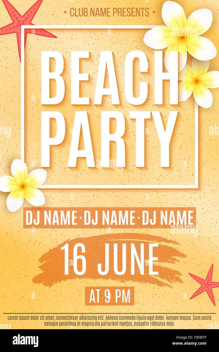 Festive flyer per un party in spiaggia. Invito flyer. Tropical plumeria fiori e stella di mare sulla spiaggia di sabbia. I nomi del night club e DJ. Il vettore Illustrazione Vettoriale