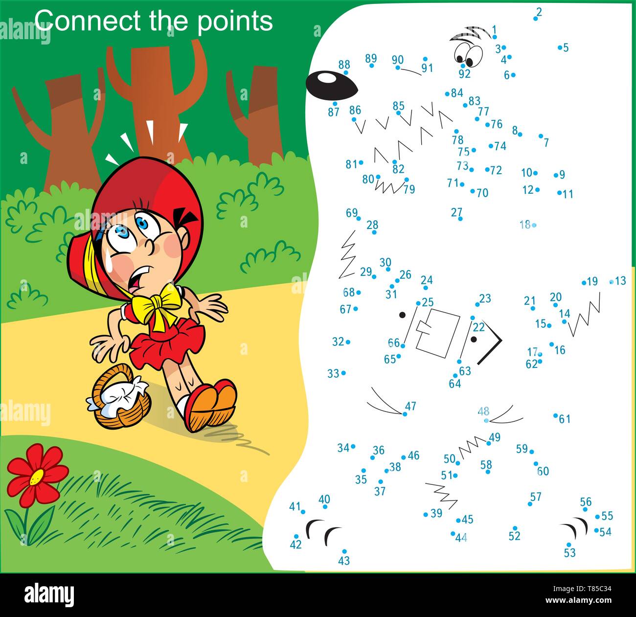 In illustrazione vettoriale puzzle con una bambina che passa attraverso la foresta. Collegare i puntini e scoprire chi ha incontrato nella foresta. Illustrazione Vettoriale