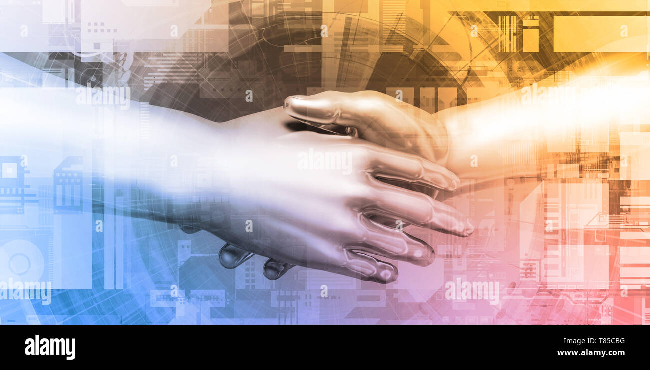 Partenariato digitale con handshake tra uomo e macchina Foto Stock