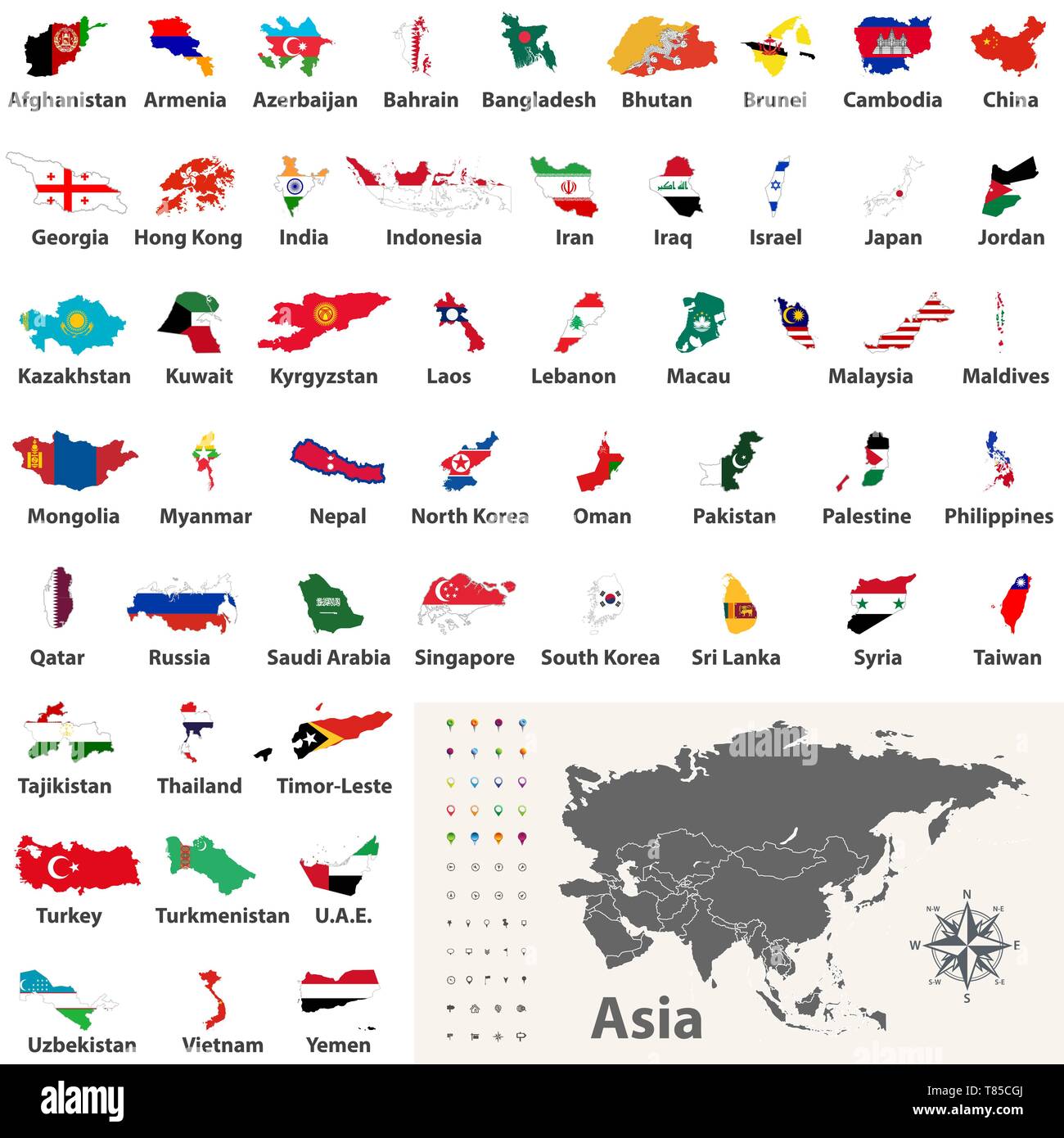 Illustrazione vettoriale di paesi asiatici miscelati con le loro bandiere nazionali Illustrazione Vettoriale