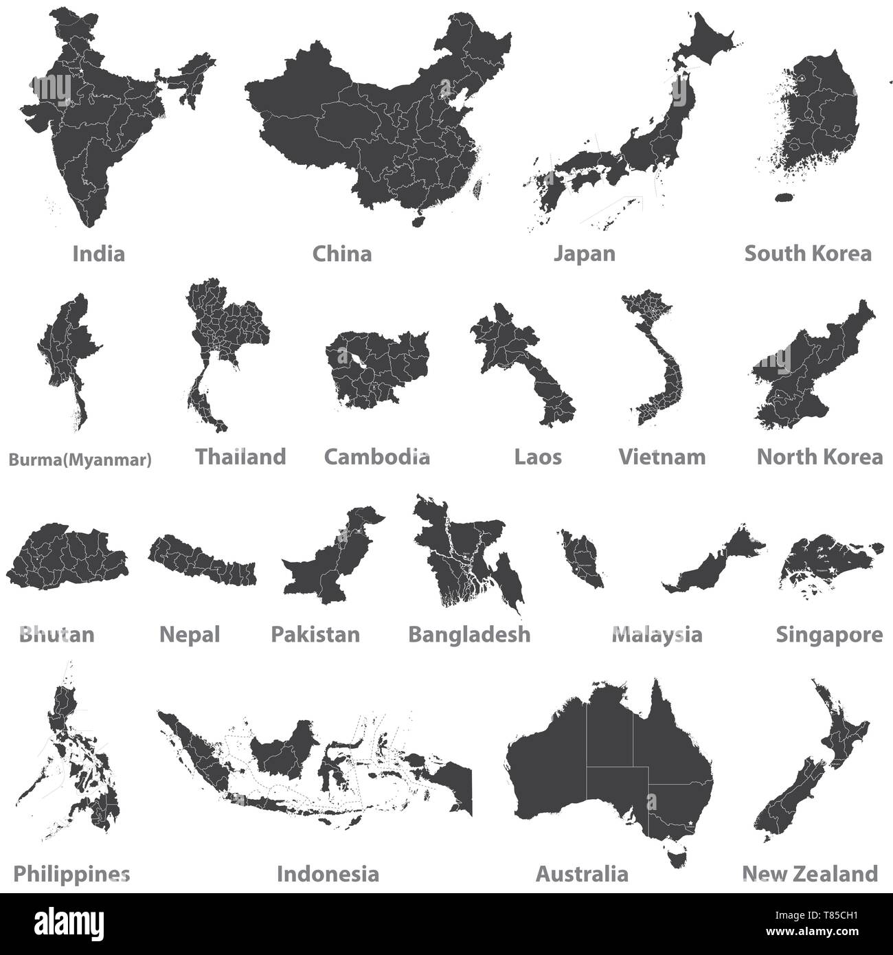 Alta vettore dettagliate mappe di paesi asiatici e in Australia e Nuova Terra Zea Illustrazione Vettoriale