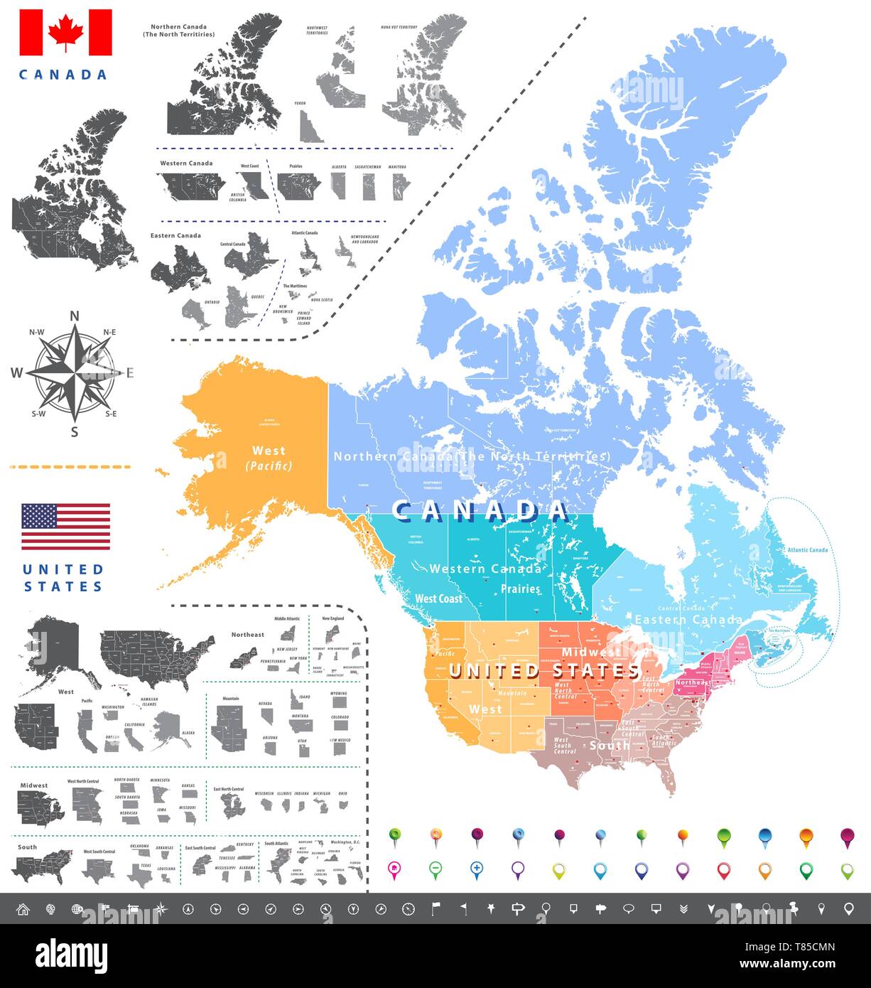 Ufficio censimento degli Stati Uniti regioni divisioni ans mappa; Canadian regioni, province e territori mappa. Illustrazione Vettoriale