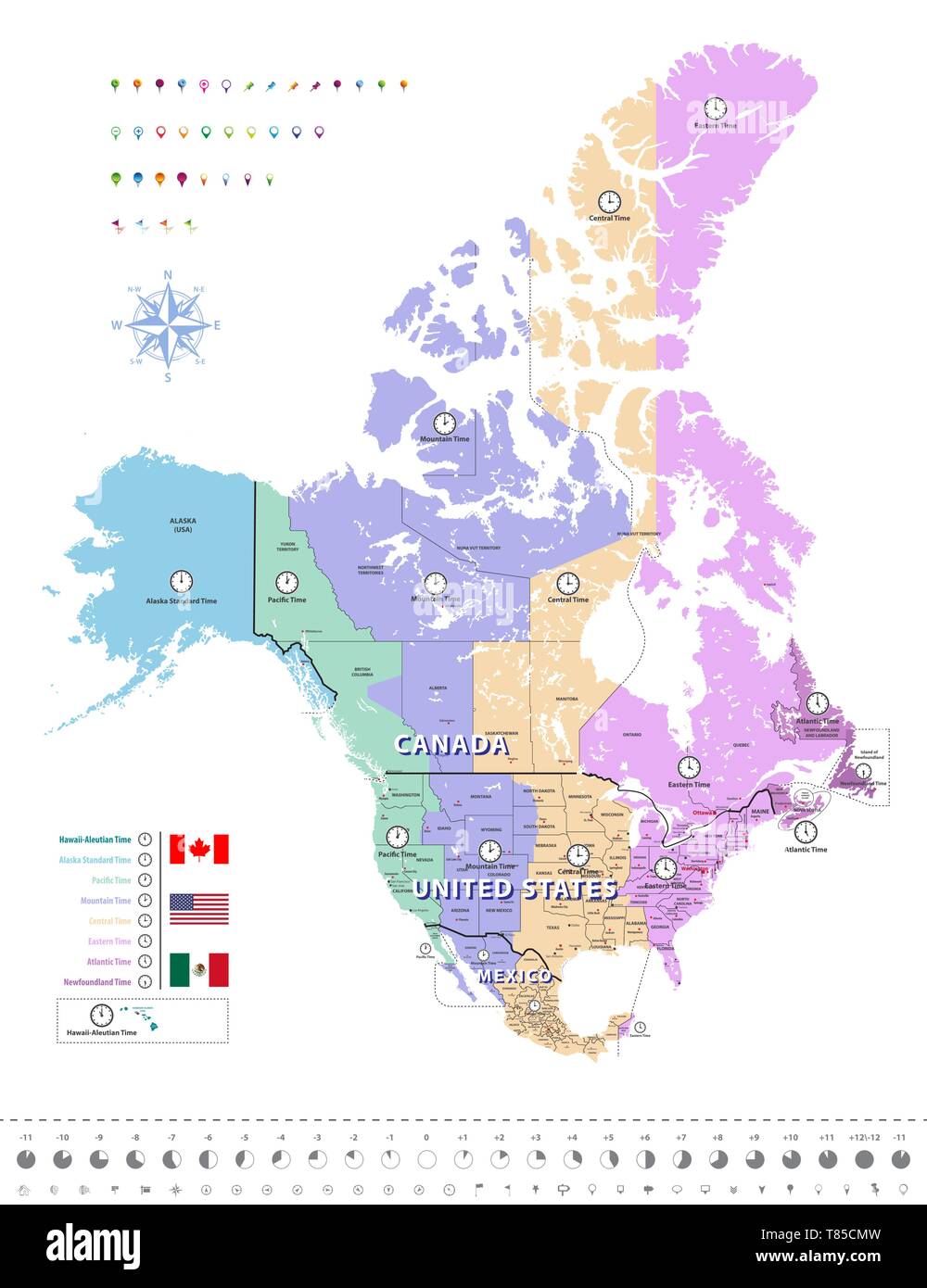 Canada, Stati Uniti e Messico fusi orari mappa Illustrazione Vettoriale