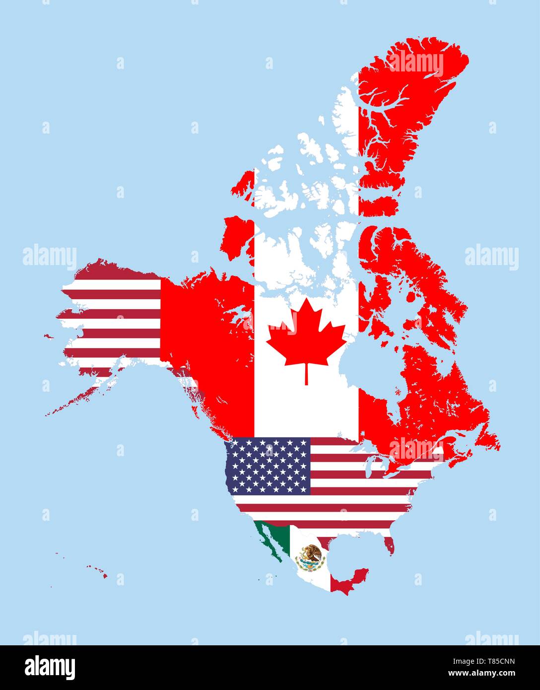 Canada, Stati Uniti e Messico mappe combinate con le bandiere Illustrazione Vettoriale