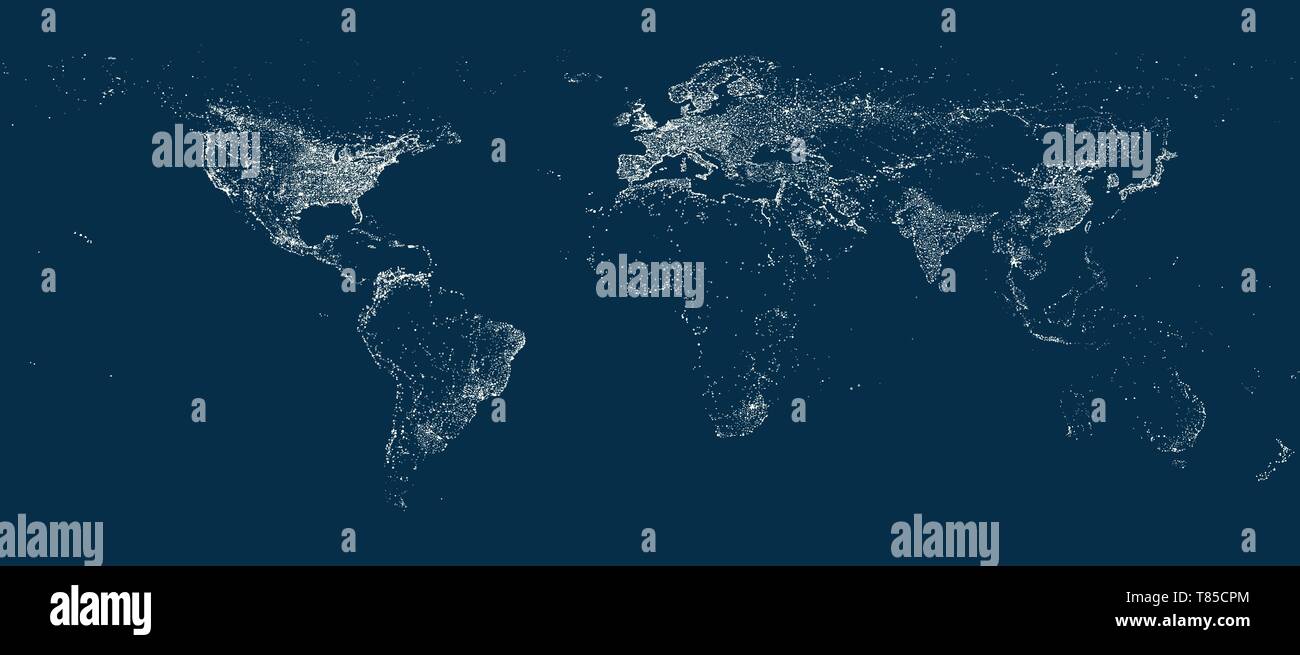 Mondo luci della città mappa. Di notte la Terra vista dallo spazio. Illustrazione Vettoriale Illustrazione Vettoriale