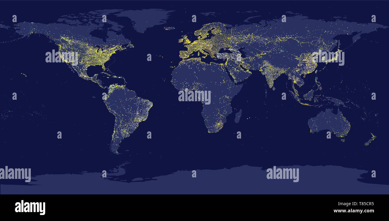 Mondo luci della città mappa. Di notte la Terra vista dallo spazio. Illustrazione Vettoriale Illustrazione Vettoriale
