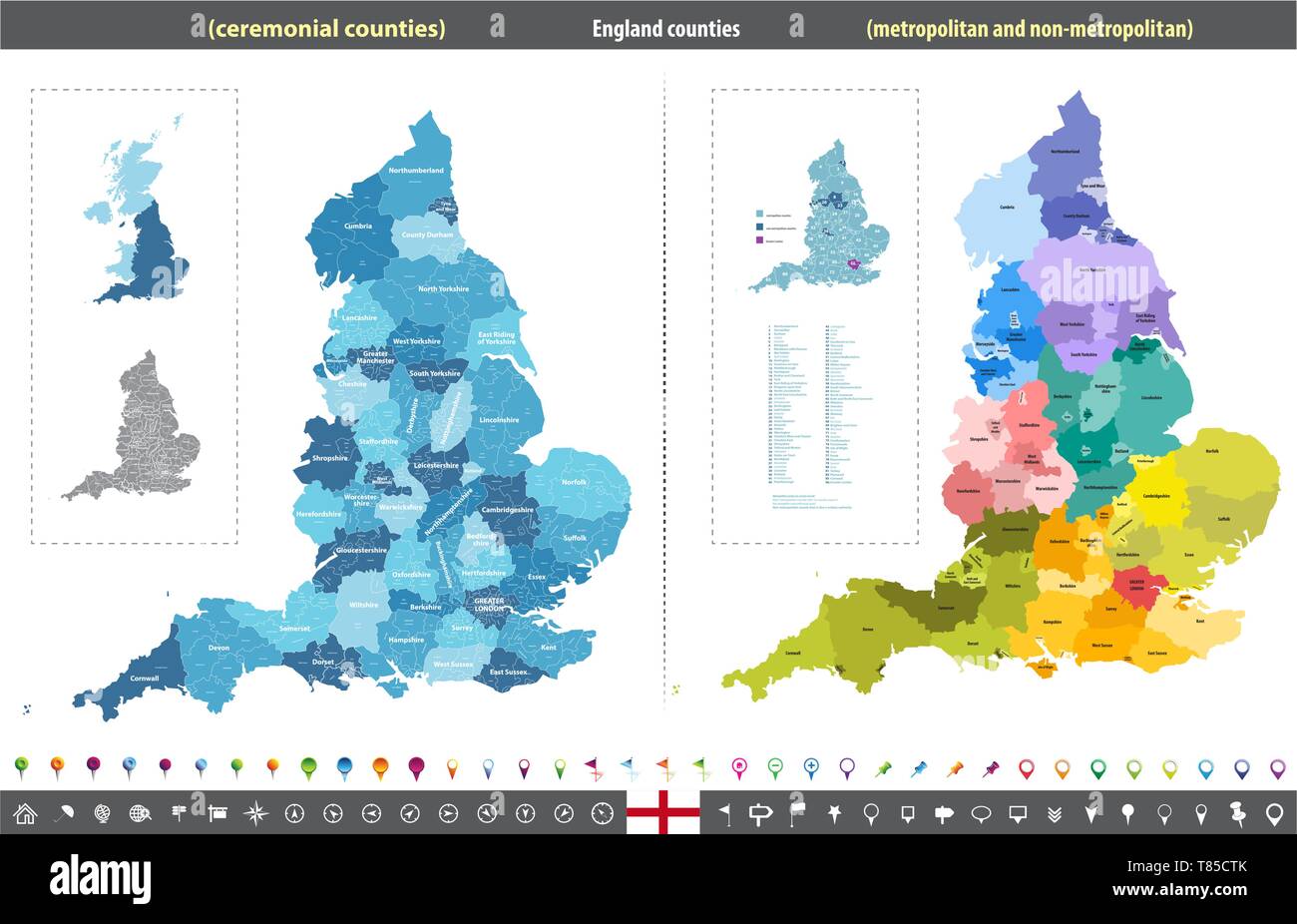 Inghilterra contee cerimoniali mappa vettoriale Illustrazione Vettoriale