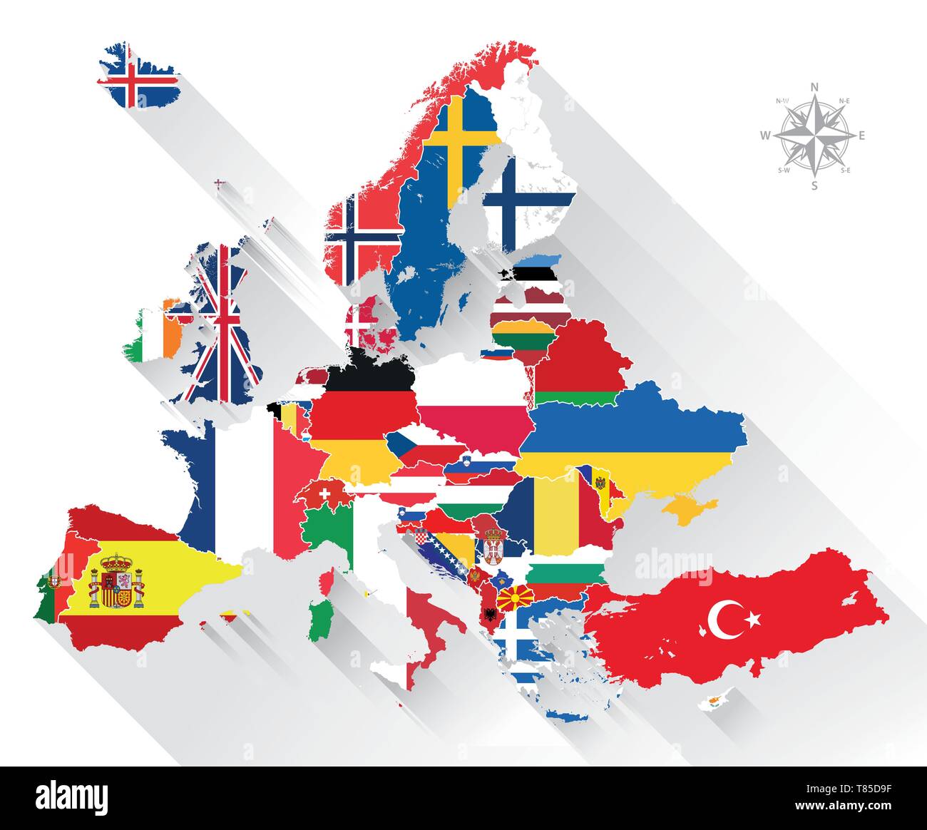 Europa vettore ad alta mappa dettagliata miscelato con bandiere nazionali Illustrazione Vettoriale