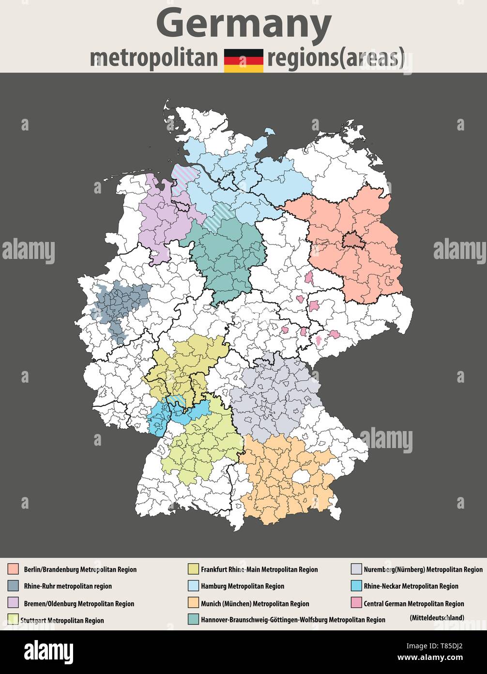 Il vettore ad alta mappa dettagliata di Germania regioni metropolitane (aree) Illustrazione Vettoriale
