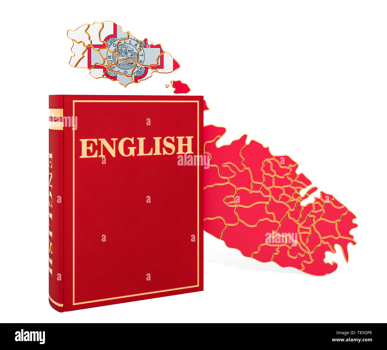 Libro in Inglese con la mappa di Malta, rendering 3D isolati su sfondo bianco Foto Stock