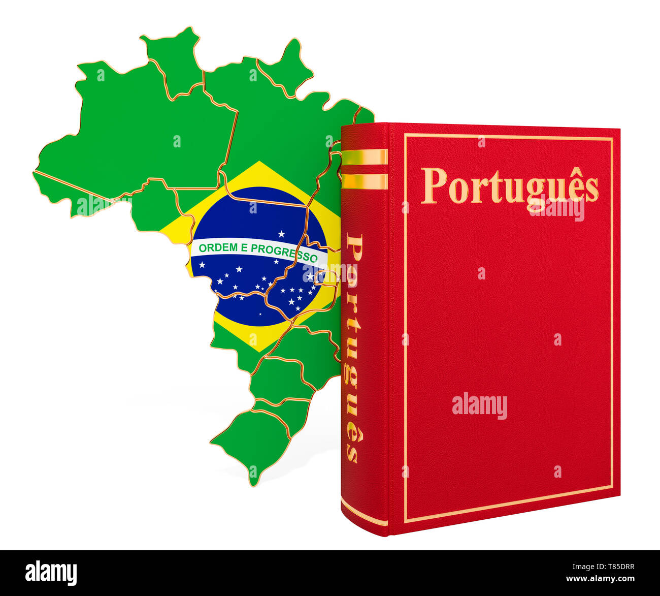 Lingua portoghese libro con mappa di Brasile, rendering 3D isolati su sfondo bianco Foto Stock