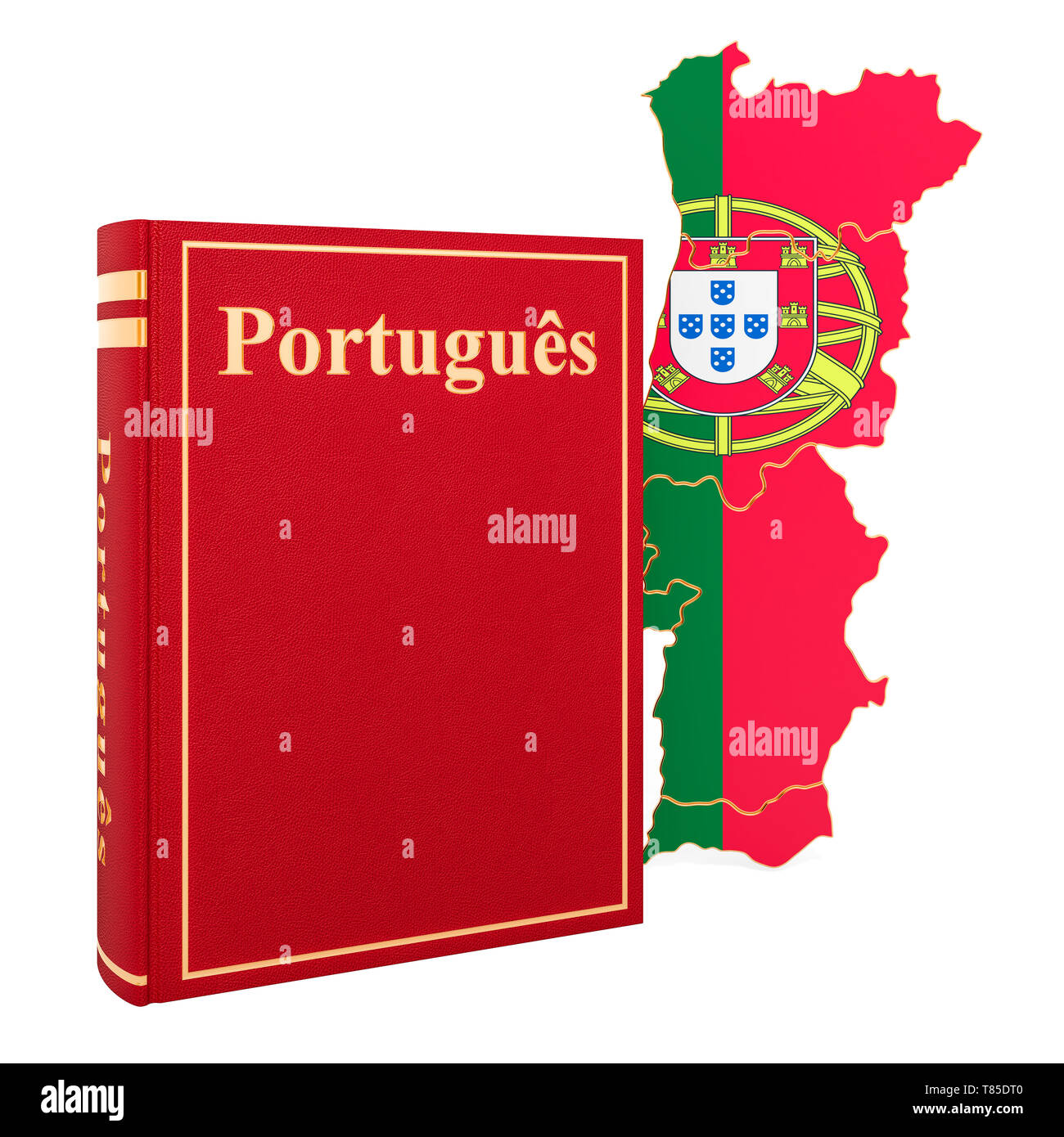 Lingua portoghese libro con mappa di Portogallo, 3D rendering isolati su sfondo bianco Foto Stock