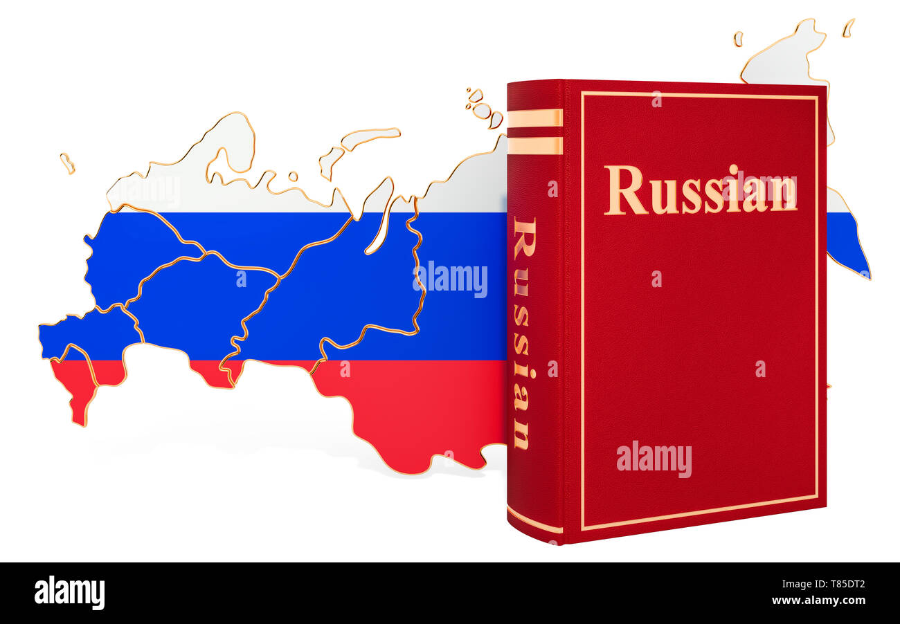 Libro in Russo con la mappa di Russia, 3D rendering isolati su sfondo bianco Foto Stock