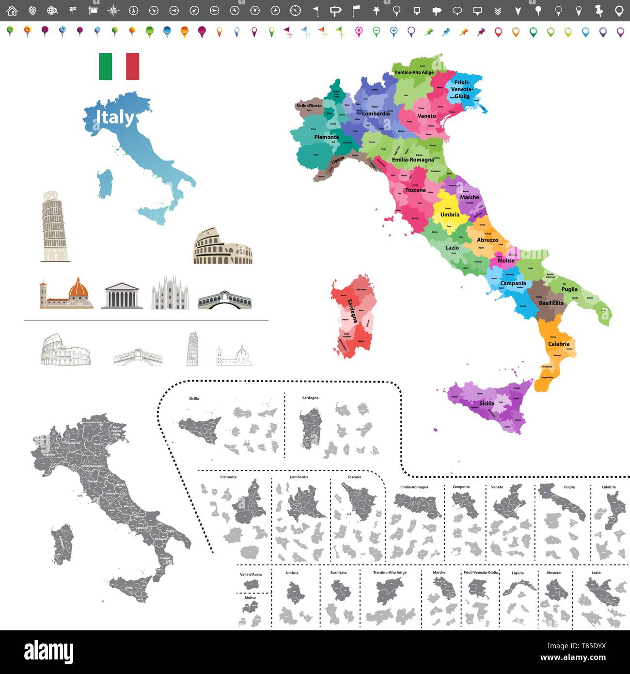 Vettore alta Italia mappa dettagliata colorato da regioni Illustrazione Vettoriale