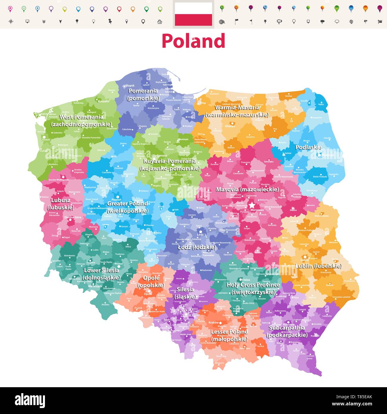 Mappa vettoriale della Polonia province(noto come voivodati) con le divisioni amministrative Illustrazione Vettoriale