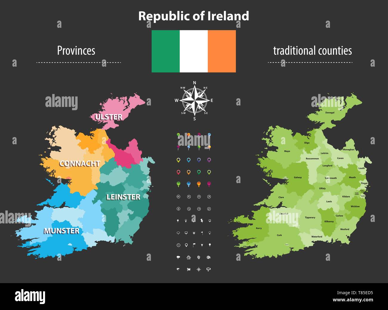 Repubblica di Irlanda province e contee tradizionali mappa vettoriale Illustrazione Vettoriale