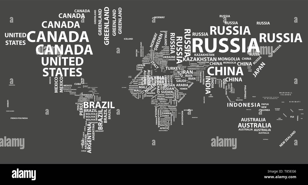 Vector mappa del mondo con i nomi dei paesi in tipografia Illustrazione Vettoriale