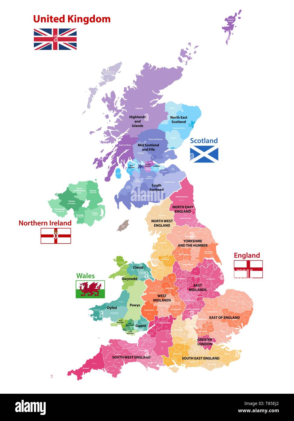 Mappa vettoriale del Regno Unito le divisioni amministrative colorato da paesi e regioni Illustrazione Vettoriale