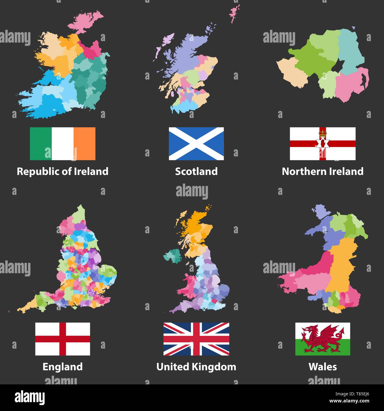 Mappe vettoriali e le bandiere della Repubblica di Irlanda, Scozia, Irlanda del Nord e Inghilterra e Galles Illustrazione Vettoriale