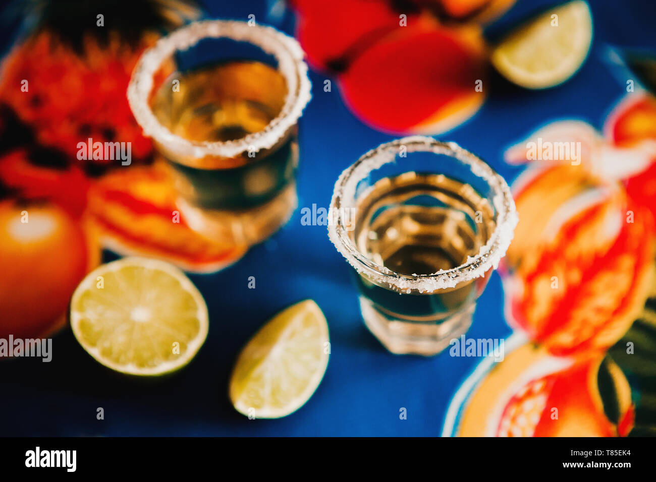 Tequila messicana shot con calce e sale in Messico Foto Stock