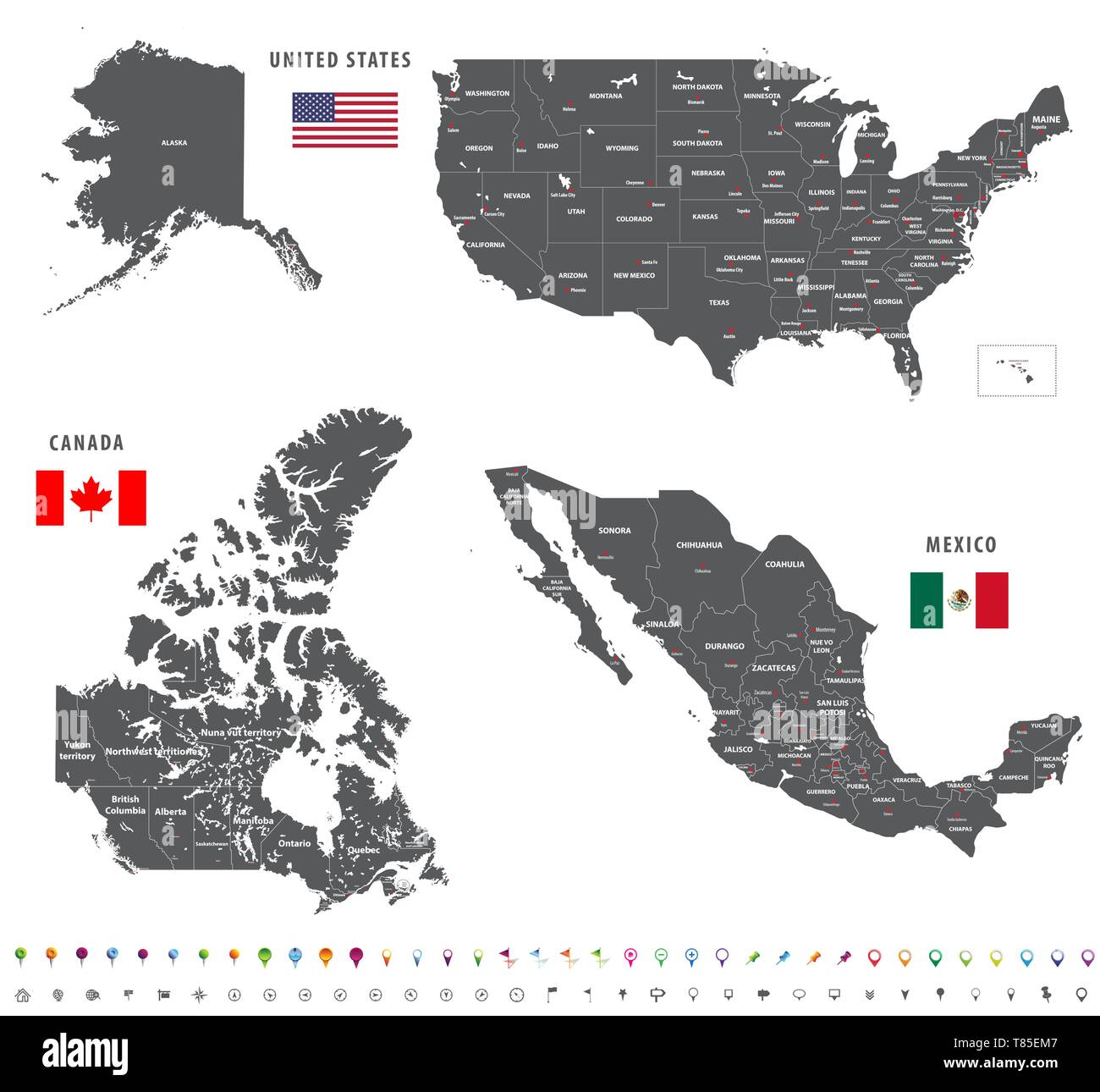 Mappe vettoriali del Canada, Stati Uniti e Messico con bandiere Illustrazione Vettoriale