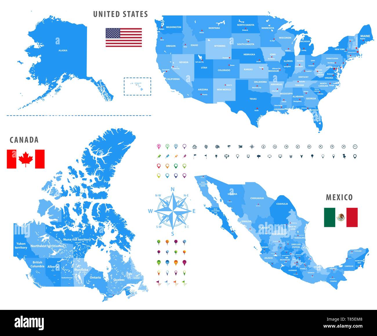 Mappe vettoriali del Canada, Stati Uniti e Messico con bandiere Illustrazione Vettoriale