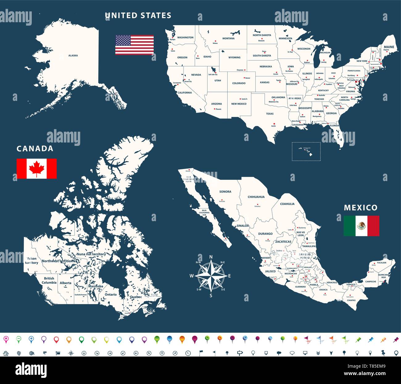 Mappe vettoriali del Canada, Stati Uniti e Messico con bandiere Illustrazione Vettoriale