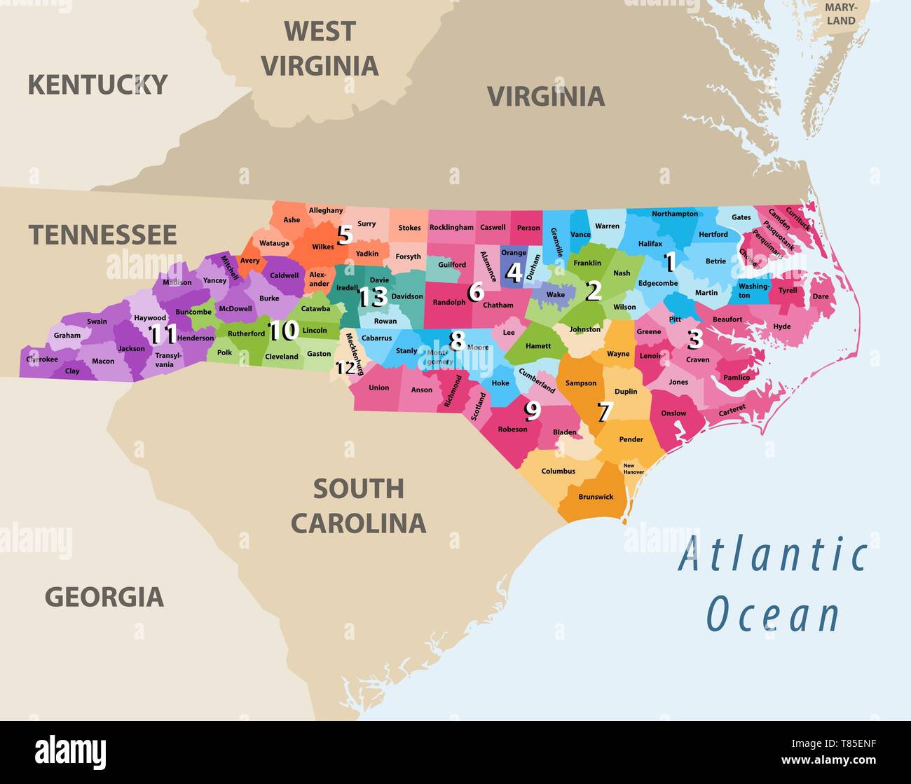 Mappa vettoriale della Carolina del Nord di distretti congressuali con gli Stati più vicini Illustrazione Vettoriale