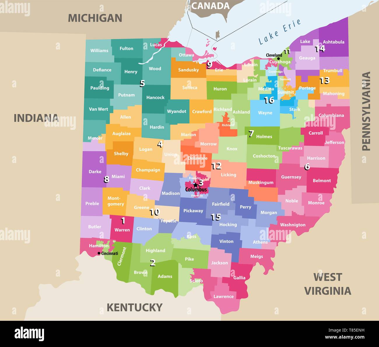 Mappa vettoriale di Ohio congressional distretti con più vicini territori Illustrazione Vettoriale