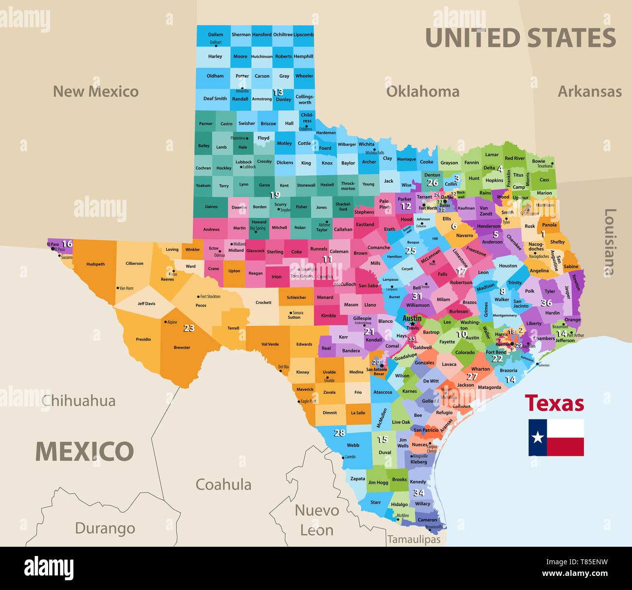 Mappa vettoriale del Texas di distretti congressuali fin dal 2013 Illustrazione Vettoriale