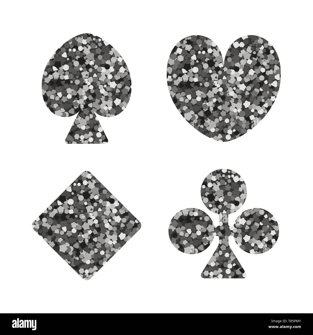 Giocare il seme della carta e la relativa icona. Paillettes argento. Cuori, piastrelle Diamanti , trifogli Club , Pikes picche . Illustrazione Vettoriale Illustrazione Vettoriale