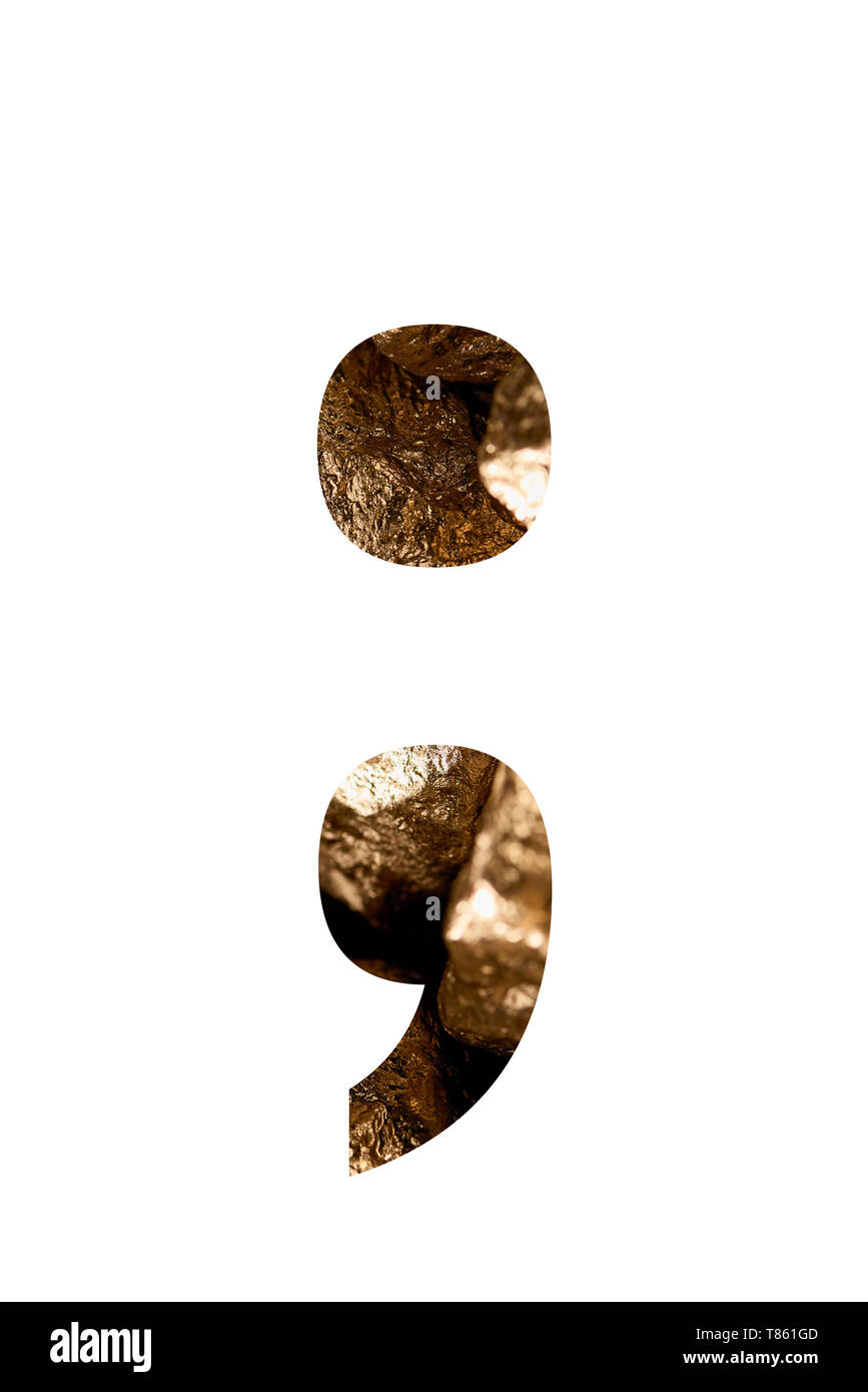 Punto e virgola fatta di brillanti pietre dorate isolato su bianco Foto Stock