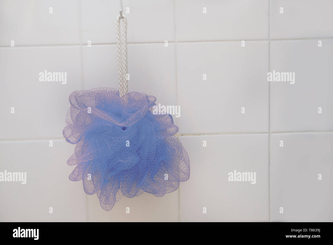 White doccia piastrellata con un lavatore di loofah su una fune Foto Stock
