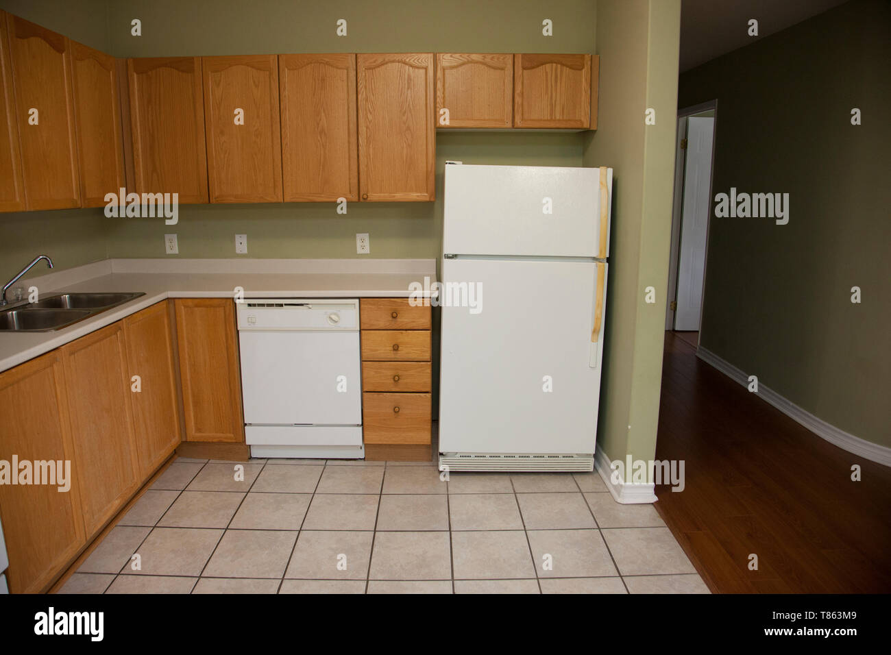 Guardando una piccola cucina frigorifero, armadietti e lungo corridoio Foto Stock