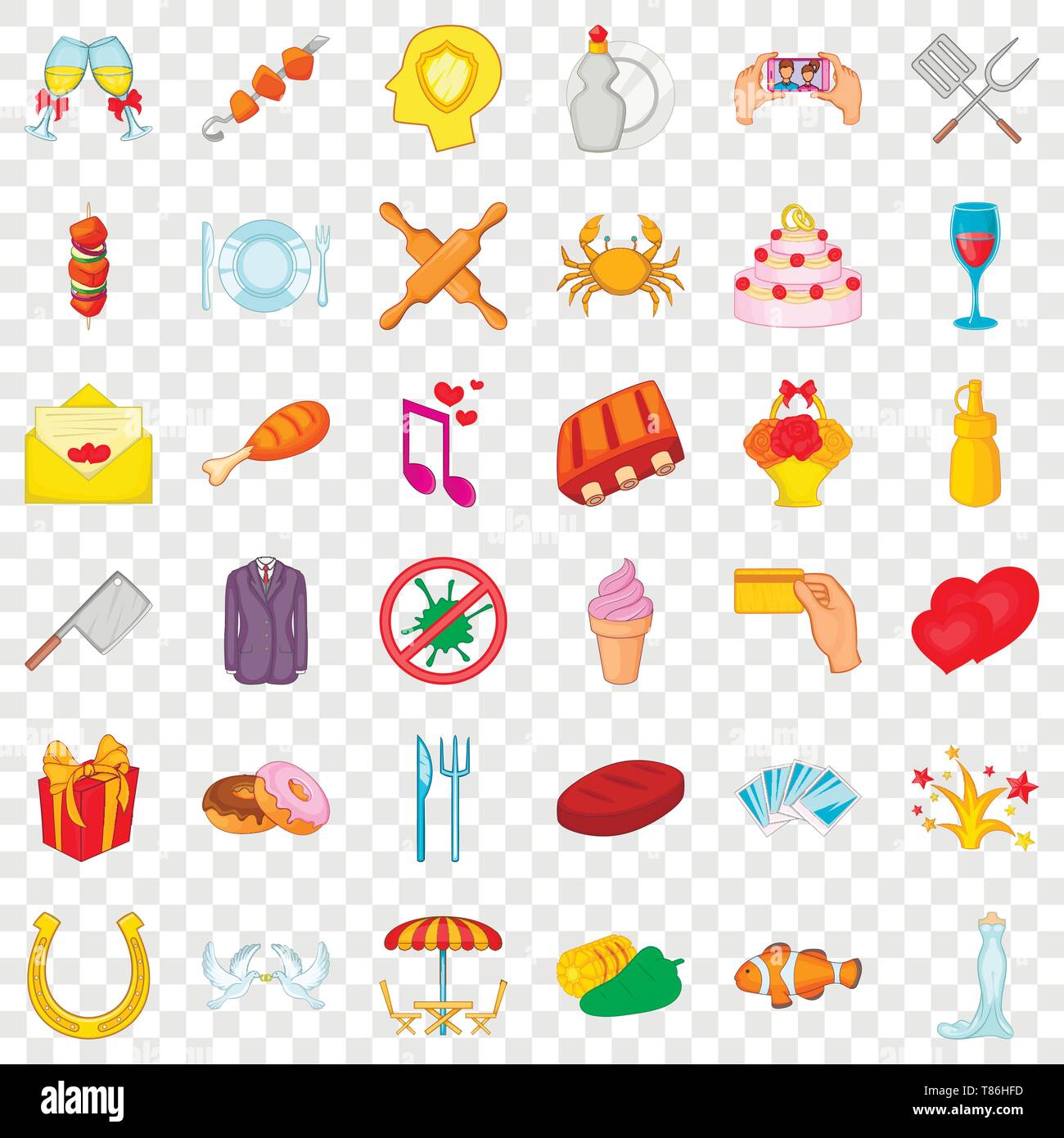 Banchetti set di icone, stile cartoon Illustrazione Vettoriale