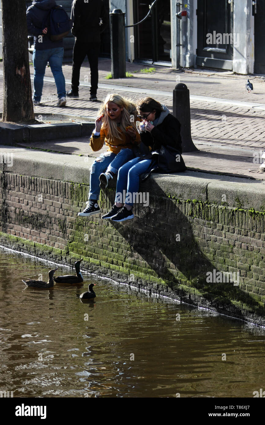 Turisti anatre di alimentazione su Oudezijds Achterburgwal canal a Amsterdam, Paesi Bassi Foto Stock